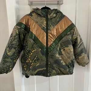 FARM Rio Green Cool Hooded Metallic Reversible Puffer Jacket Sz Small NWT